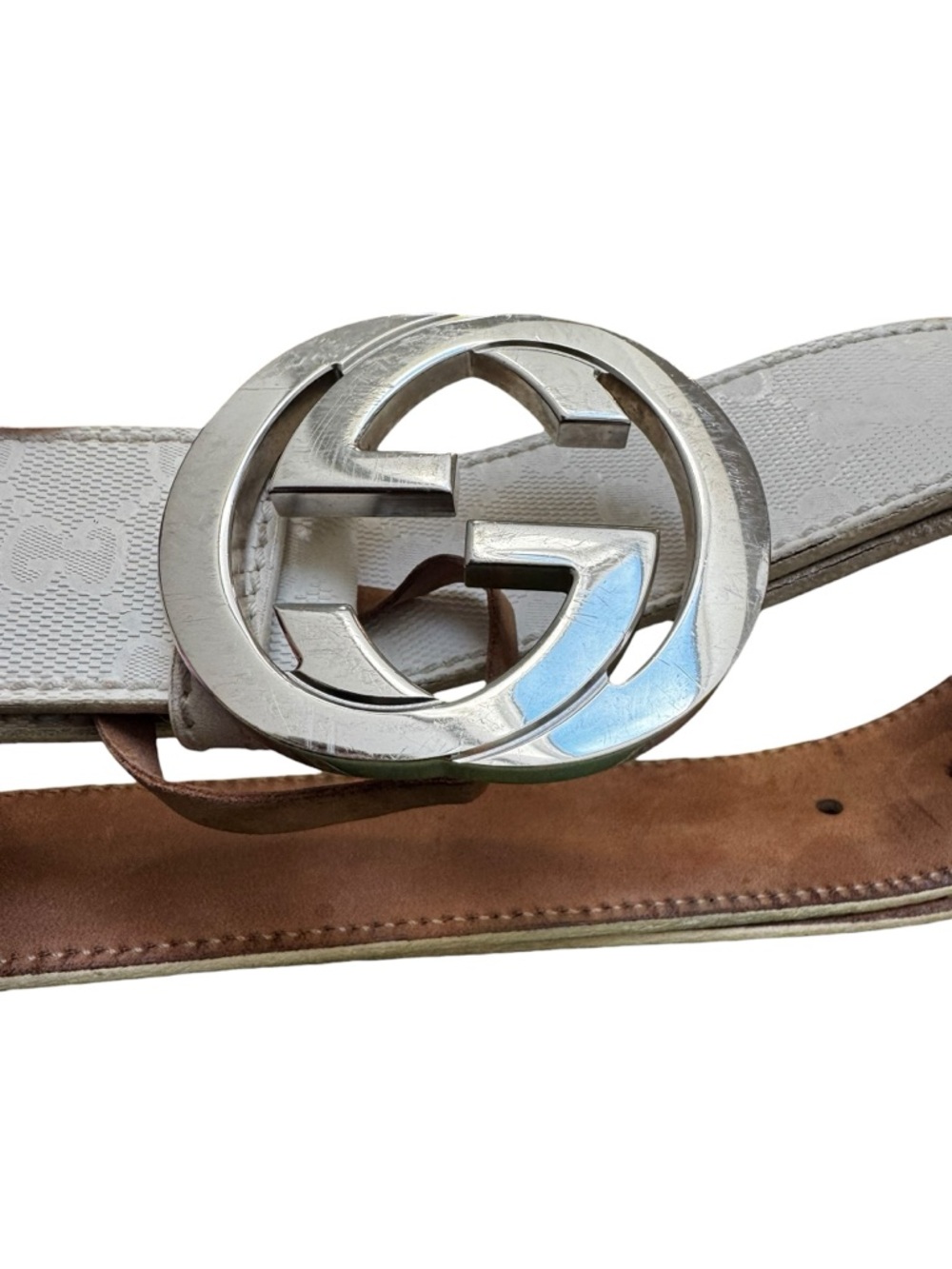 Gucci Cream Monogram Canvas Belt with Silver Double G Buckle - Picture 6 of 11